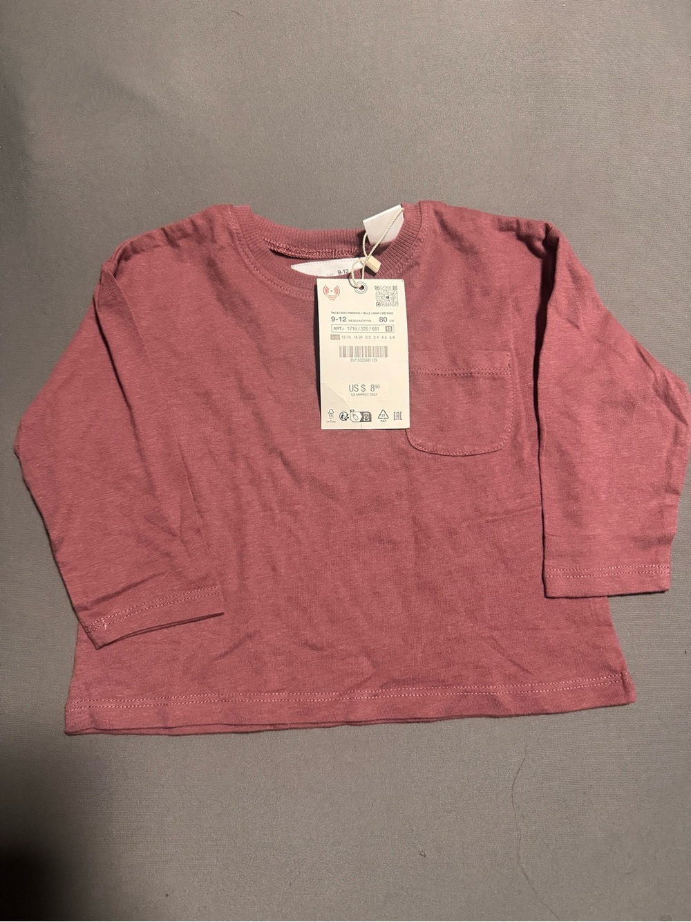 Zara Kids Mauve Long Sleeve Pocket Tee - 9-12 months